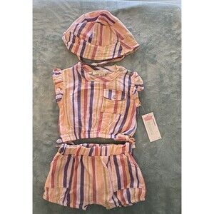 Jessica‎ Simpson Playsuit Baby Girl 3/6 Mo Pink Stripe 3 piece includes hat